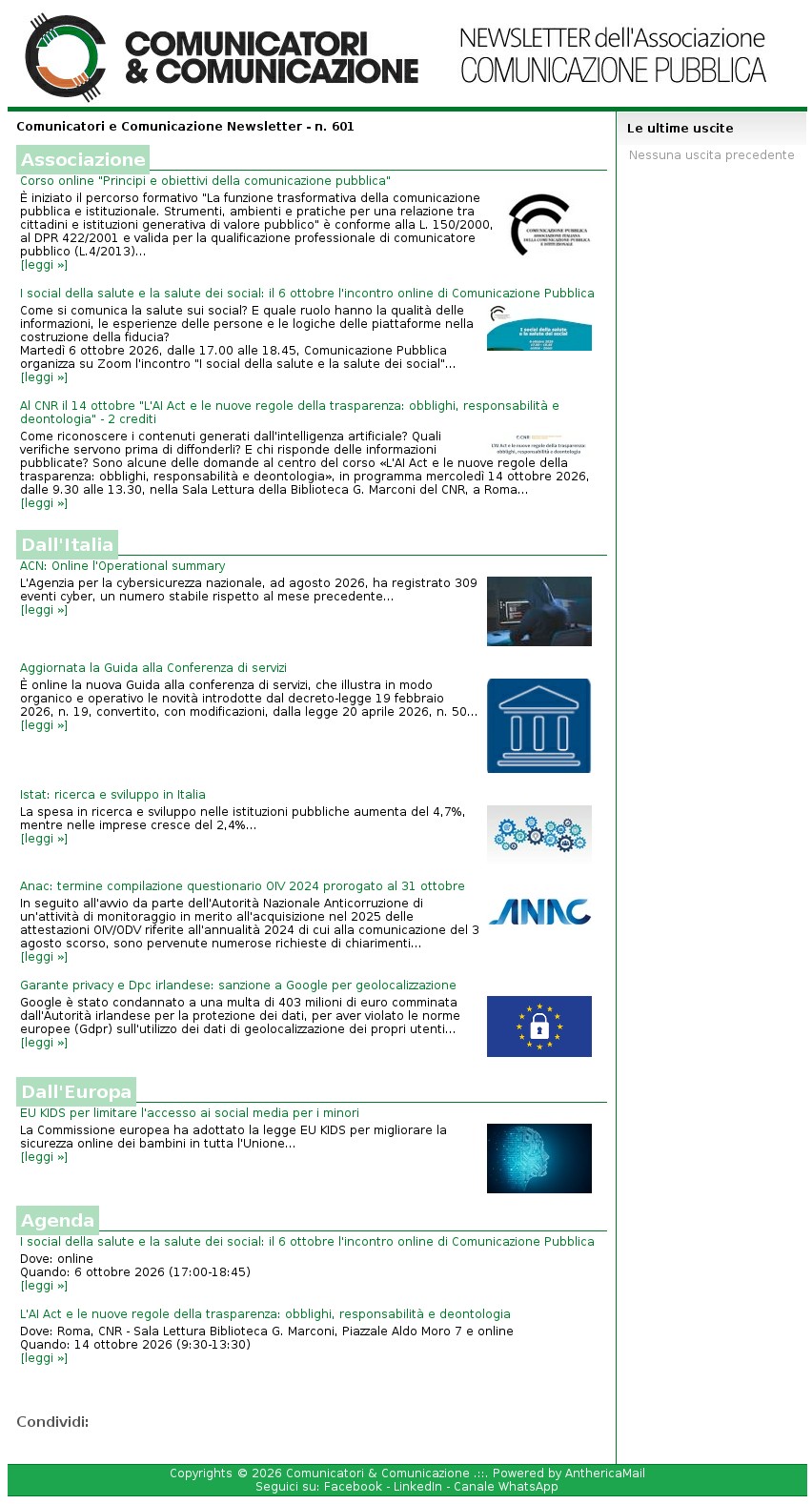 Comunicatori e Comunicazione n� 601 - 30 settembre 2026