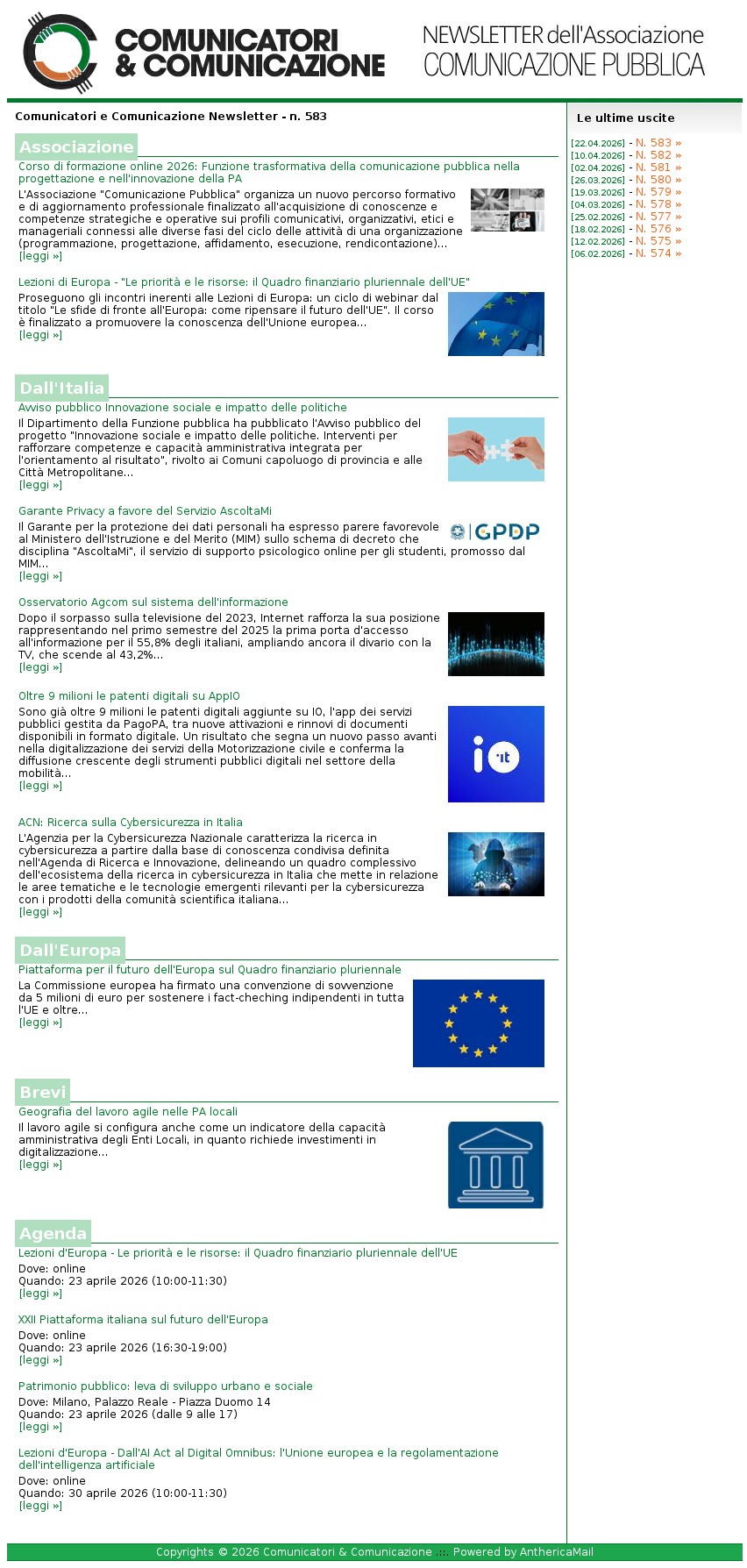 Comunicatori e Comunicazione n� 583 - 22 aprile 2026