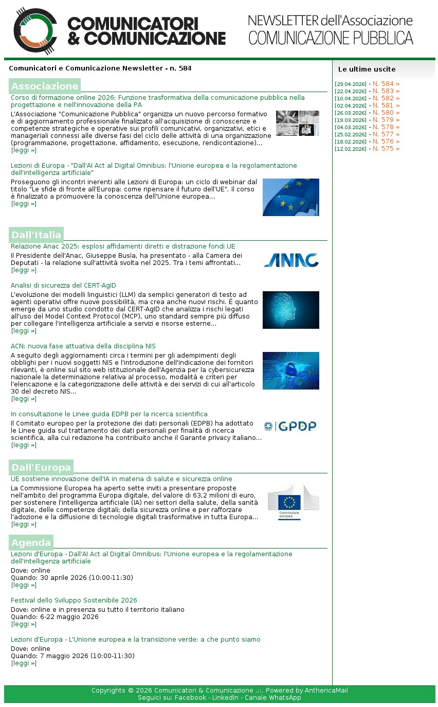 Comunicatori e Comunicazione n� 584 - 29 aprile 2026