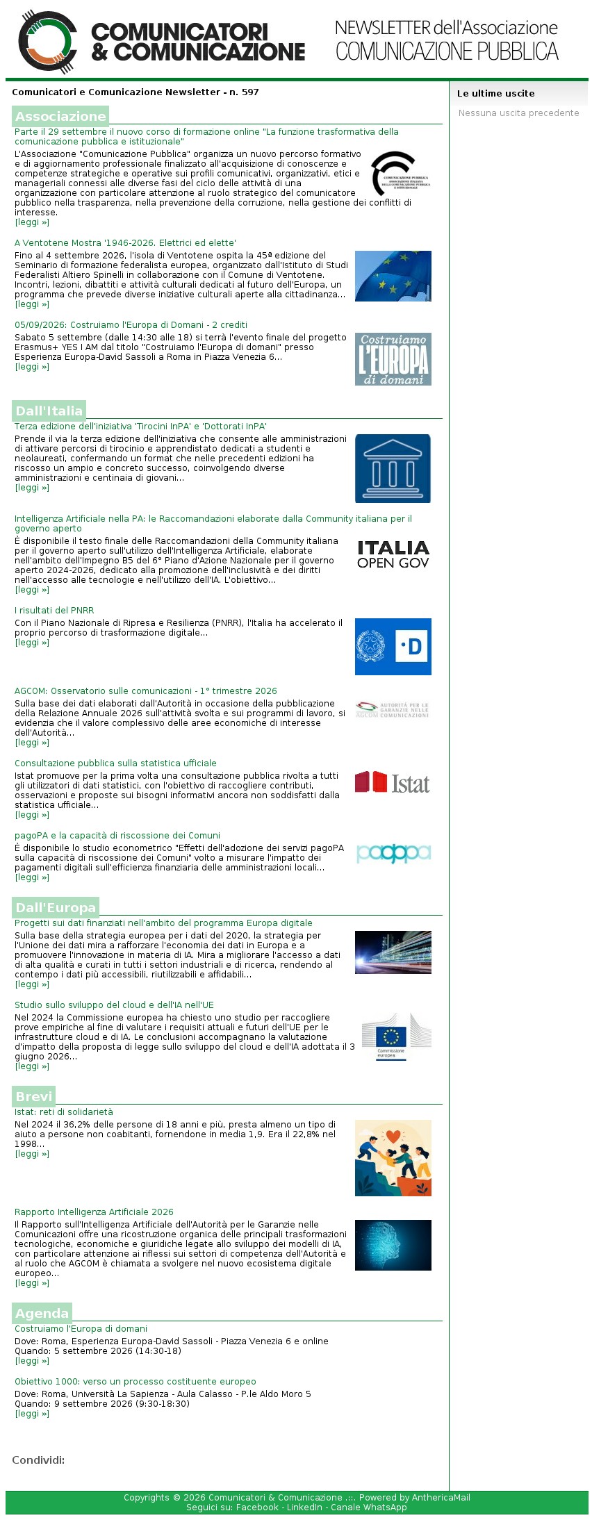 Comunicatori e Comunicazione n� 597 - 1 settembre 2026